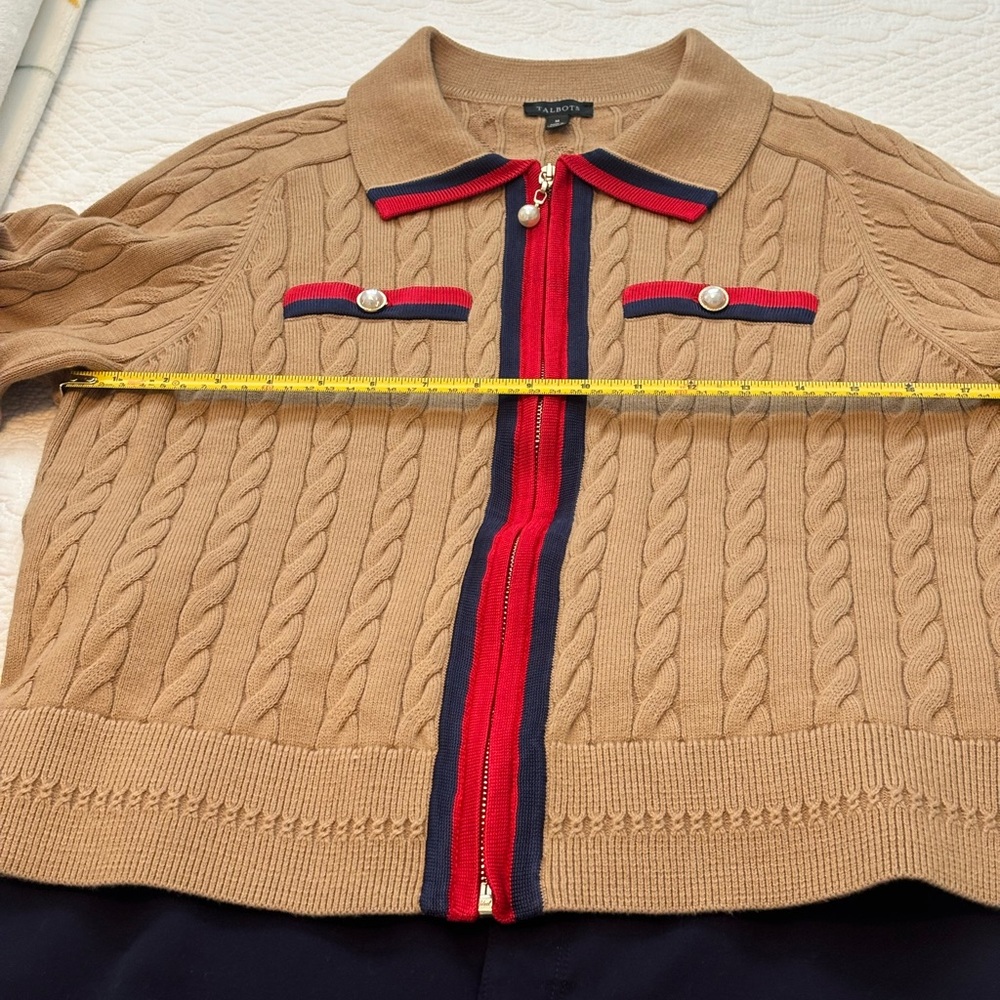 Talbots Tan Cable Knit Sweater with Red and Blue Accents